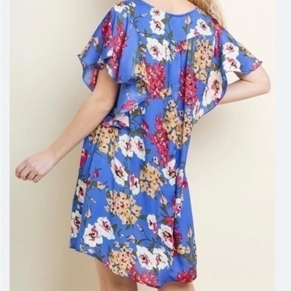Umgee USA Women's Blue Floral‎ Split V-Neck Flutter Sleeve Dress Size M NWT - Picture 4 of 8